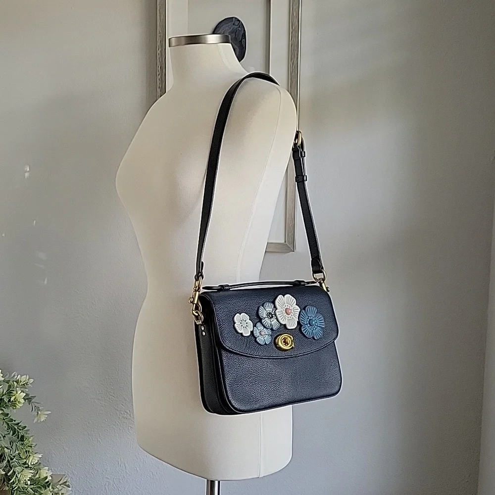 Navy Floral Appliqué Leather Shoulder Bag - Picture 4 of 15